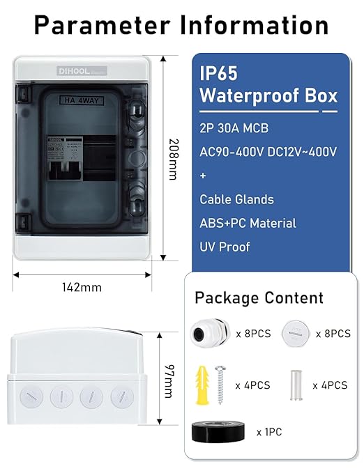 DIHOOL DC AC Disconnect Box Outdoor 30 Amp Breaker Box, Miniature Circuit Breaker with DIN Rail Box 400V