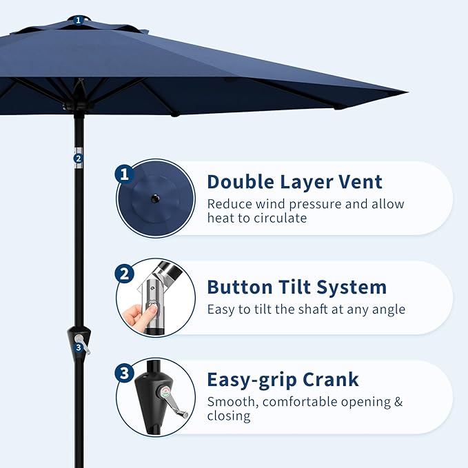 GarveeLife 10FT Umbrella Outdoor Patio, Table Umbrella with Push Button Tilt and Crank, 8 Sturdy Ribs Waterproof UV Protection for Garden, Pool, Deck, Backyard, Market (Navy)