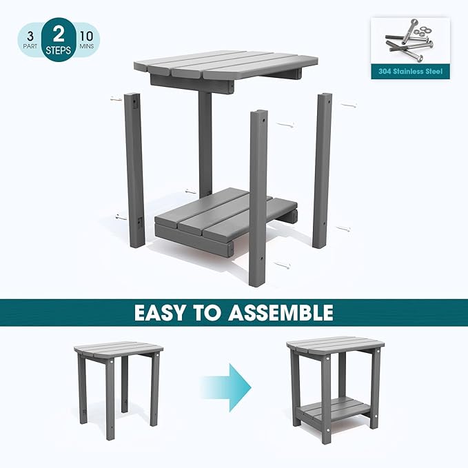 THOEOE Adirondack Outdoor Side Table, 2-Tier Sturdy Patio End Table Weather Resistant, Morden Side Table for Patio, Pool, Porch, Grey