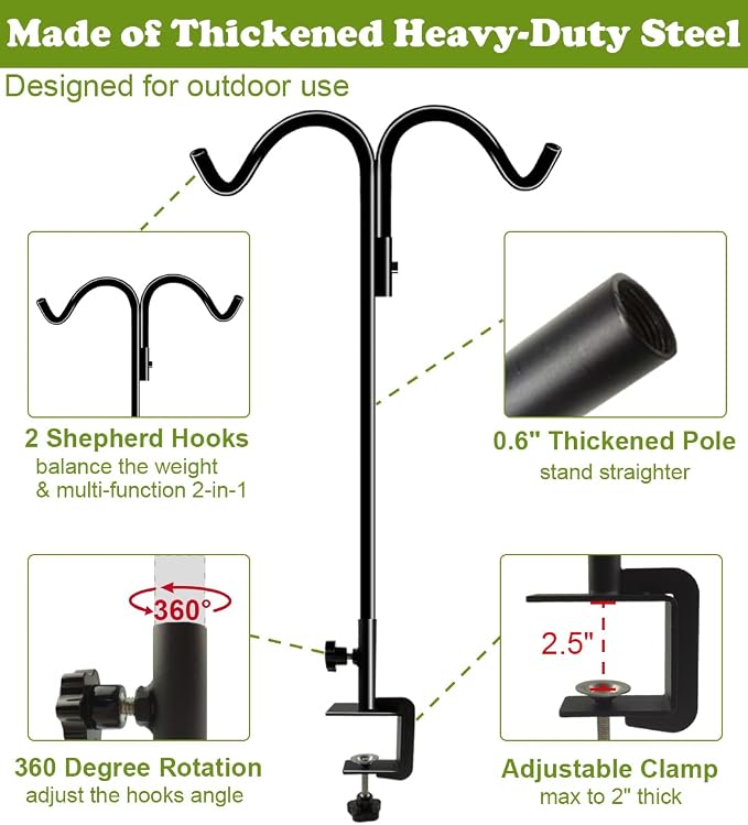 Koutemie 40 Inch Tall Double Deck Hook for Railing, Adjustable Outdoor Shepherds Hook with 2-Inch Strengthened Clamp for Hanging Plant Bird Feeder, 2 Pack