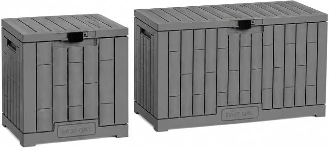 EAST OAK 2-Piece Outdoor Storage Box Set, 31 Gallon & 60 Gallon Waterproof UV-Resistant Resin Deck Boxes, Lockable Storage for Patio Cushions, Garden Tools, Pool Accessories, Grey