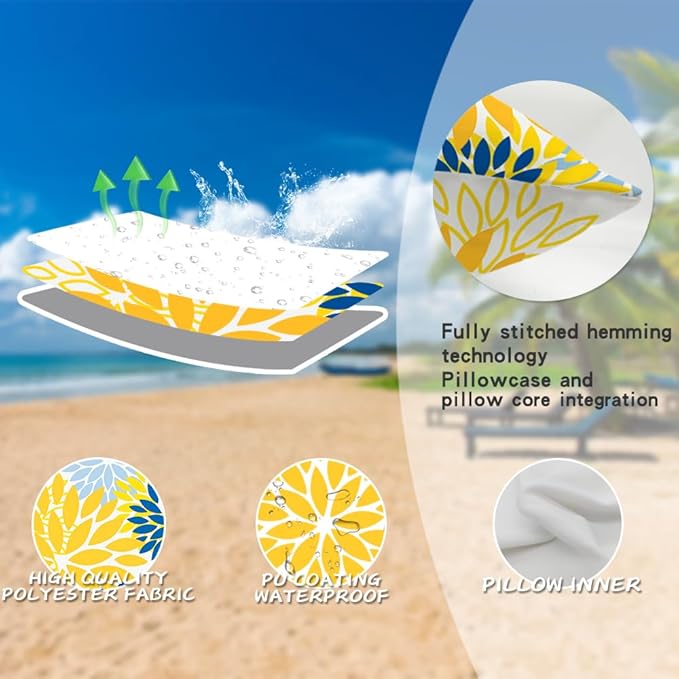 DFXSZ Yellow Blue Flower Pillow Covers 24x24 Inch Set of 2 White Gray Colored Throw Pillows Outdoor Waterproof Decor for Living Room Sofa Patio Funiture Garden Floral Polyester Pillow Covers 002J24