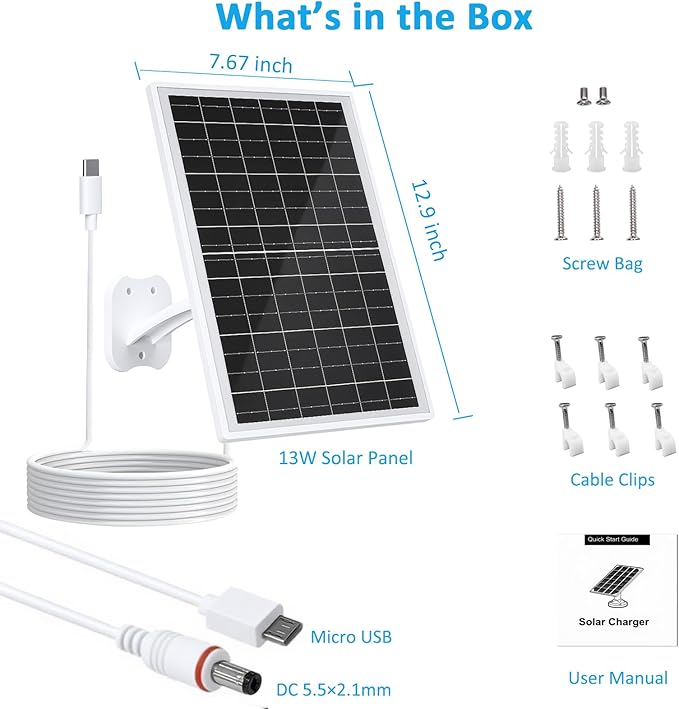 FUTUREZEN 13W Solar Panel for Security Cameras & Trail Cameras, USB-C, Micro USB & 5.5x2.1mm DC Output, IP66 Waterproof, 360° Adjustable Mount, 7.2FT Cable