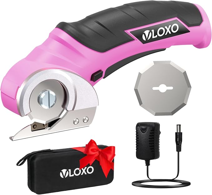 VLOXO Cordless Electric Scissors, Rechargeable Rotary Cutter for Cardboard Leather Fabric Plastic Canvas with Safety Lock, Multi-Purpose Cutting Tool with Replacement Blades and Charger (Pink)