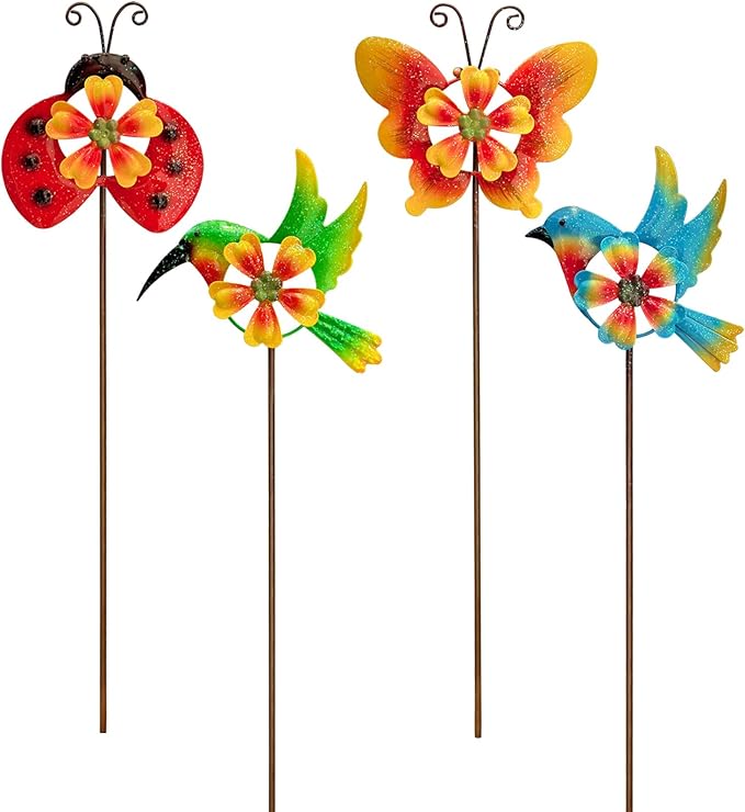 HUTHDAK 4 Pack Metal Animal Decorative Garden Stakes,Colorful Spring Outdoor Pinwheels,Cute Ladybugs Butterfly&Hummingbird Wind Spinners for Yard Art Outdoor Lawn Porch Pathway Decorations