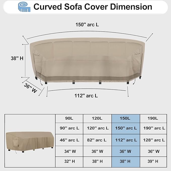 OutdoorLines Waterproof Curved Outdoor Sectional Cover - UV Resistant Windproof Patio Sectional Sofa Covers for Deck, Lawn and Backyard, Heavy Duty Furniture Covers (150Lx36Dx38Hx112FL, Camel)