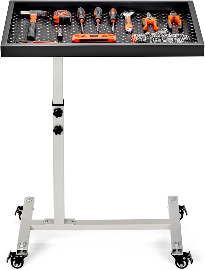 OLBRUS Adjustable Work Table with Wheels, Mechanic Rolling Tool Tray Table for Garage Repair Shops DIY, 220LBS Capacity Mobile Heavy Duty Steel Tool Cart (Gray)