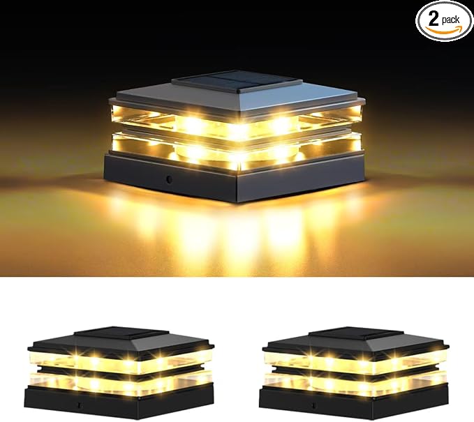 EXCMARK 2 Pack 4x4 Solar Post Cap Lights Outdoor Waterproof Fence Deck Post Lights with High-Brightness LEDs, Dual Light Modes Warm White & Cool White.