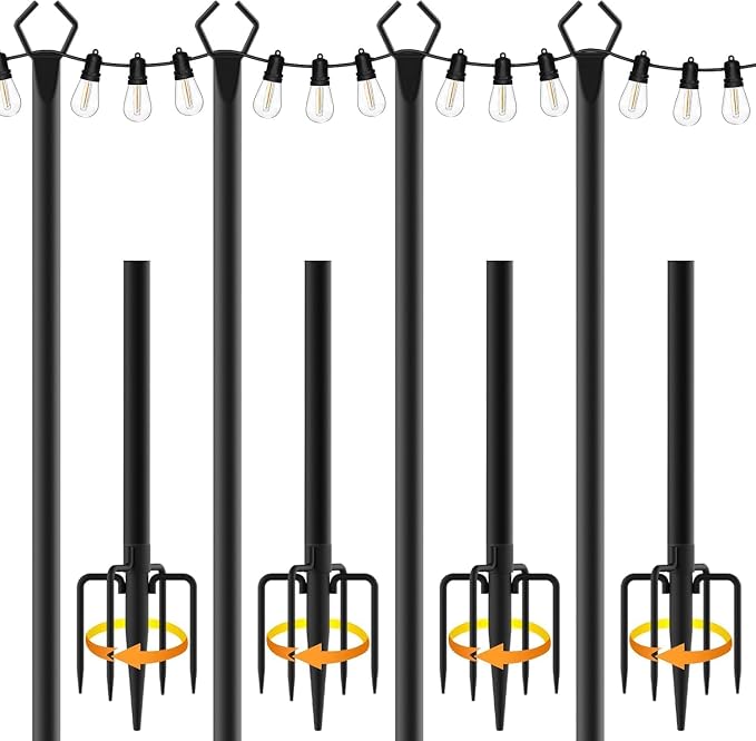 4 Pack String Light Pole,Metal Poles for Hanging Outdoor Light Strings,4 Pack 10 FT Light Poles Stand for Outside Garden,Patio,Wedding,Backyard,Deck,Party