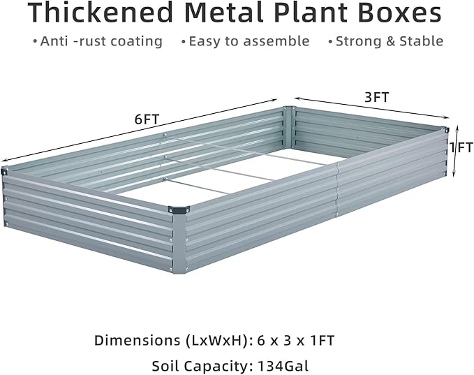 Meberam 3 Pack 6x3x1FT Galvanized Raised Garden Bed Kit, Outdoor Metal Planter Box for Vegetables, Bottomless Rectangular Gardening Bed with Support Rods, Tool-Free Assembly, Gray