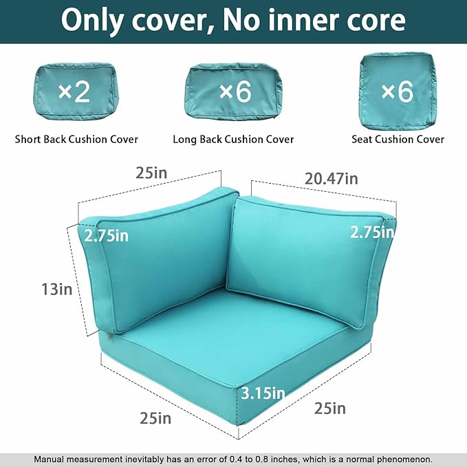 14Pieces Patio Cushion Covers Replacement Outdoor Couch Cushions Covers Splashproof Sofa Slipcovers Set with Zippers,Patio Furniture Protector Cover Only(Cyan,25×25×3.15 inches)