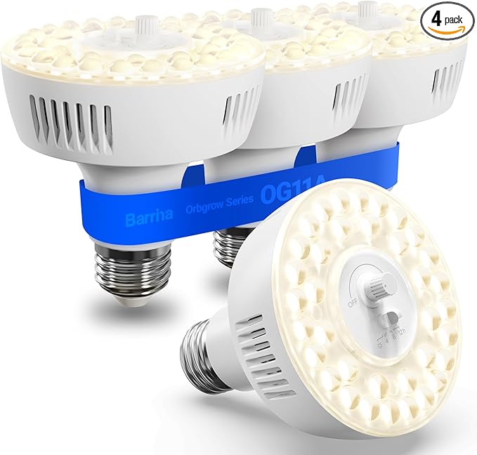 Barrina Orbgrow OG11A Grow Light Bulbs for Indoor Plants, Integrated Dimming & Timing, 4000K 44W(4 x 11W, 400 Watt Equiv), E26 Plant Light Bulb, Full Spectrum for Seeds and Greens, 4 Packs, White