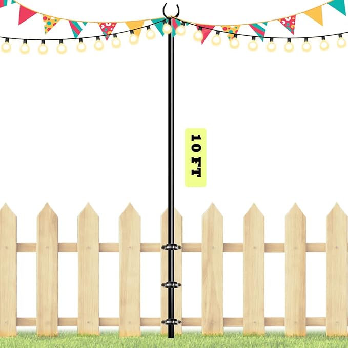 10ft String Light Poles for Outdoors, Outside Light Poles for Deck, Fence, Backyard, Patio, Outdoor Lighting, Matte Black, 1 Pack