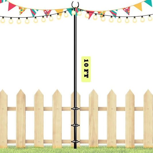 10ft String Light Poles for Outdoors, Outside Light Poles for Deck, Fence, Backyard, Patio, Outdoor Lighting, Matte Black, 1 Pack