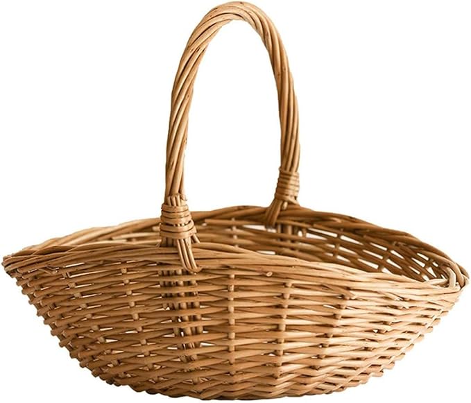 Natural Woven Willow Picnic Basket with Handle - Handcrafted Wicker Storage Basket for Picnic, Shopping, Home Organization, Gifts - Light Brown, Large Capacity, 15.7x13.4x12.5 Inches