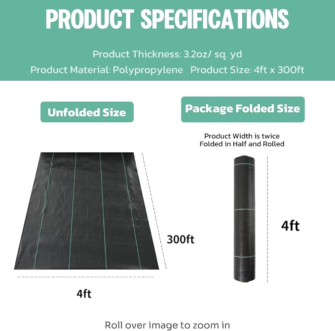 4ft*300ft Heavy Duty Landscape Fabric - 3.2oz UV Resistant Weed Barrier Fabric, High Permeability Garden Ground Cover for Weed Control, Durable Geotextile Underlayment for Driveways & Flower Beds