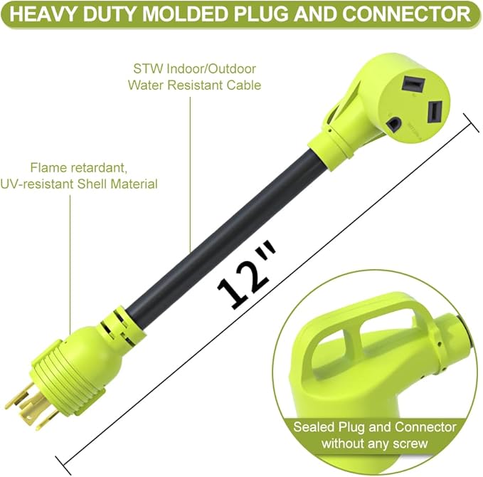 4 Prong 30 Amp RV Generator Adapter Cord,NEMA L14-30P Twist Lock Male Plug to NEMA TT-30R Female,Outdoor Ower Equipment Suitable for RV Trailer Camper,STW 10 AWG,ETL Listed (12 Inch)
