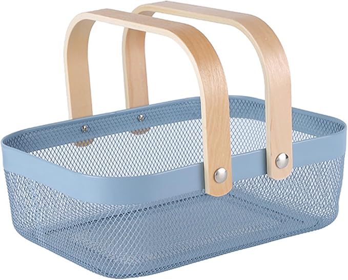AJIODA Metal Mesh Steel Basket, Storage Organizer Baskets Garden Harvest Basket Multi-functional Kitchen Fruit Baskets Bin with Wooden Handle for Bathroom Picnic Shopping Decor Cabinet Home, Blue