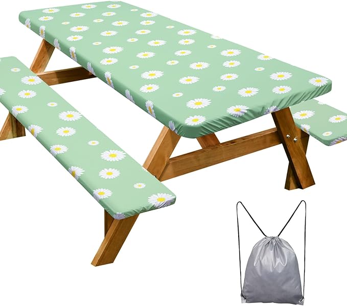 Play Tailor Picnic Table Cover with Bench Covers Camping Essentials Waterproof Windproof Camping Tablecloth with Drawstring Bag, Fitted Rectangle Tables and Seats, 72in, Green White