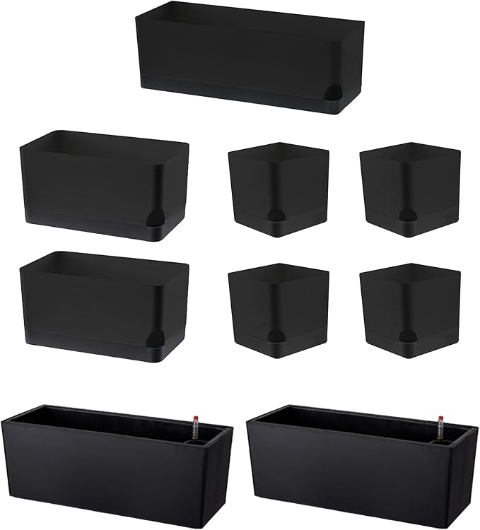 LaLaGreen Bundle- 7 Pack, Assorted Sizes Self Watering Planter + 2 Pack, 14 Inch Black Self Watering Pot Indoor Flower Herb Plant Pot Windowsill Stylish Rectangular Hanging Home Decor Outdoor Garden