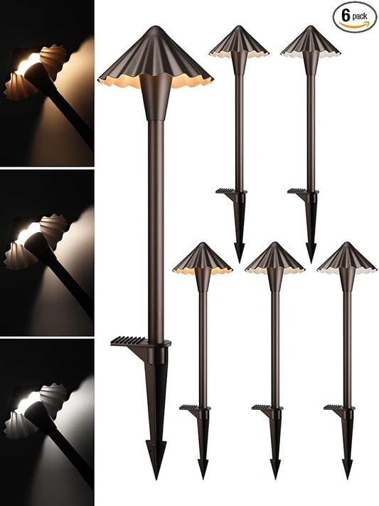 LEONLITE 6-Pack 3CCT Low Voltage LED Pathway Lights, Ruffles Head | 12-24V AC/DC, IP65, LED Landscape Path Lights, for Walkway Yard Garden, 3000K/4000K/5000K, Oil Rubbed Bronze, Aluminum