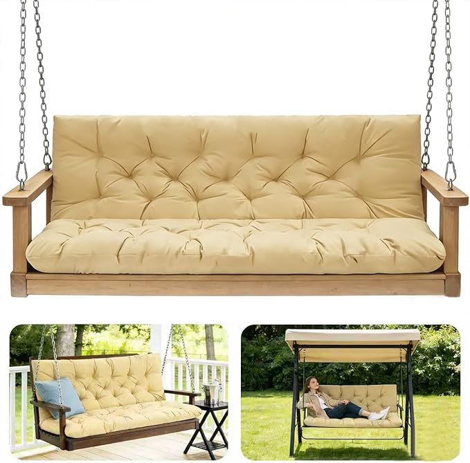 Porch Swing Cushions,Outdoor Cushions 3 Seater Replacement with Backrest, Waterproof Thickened Bench Cushion with Ties for Porch, Patio,Outdoor, Backyard and Garden (Beige Yellow 60 * 40 in)