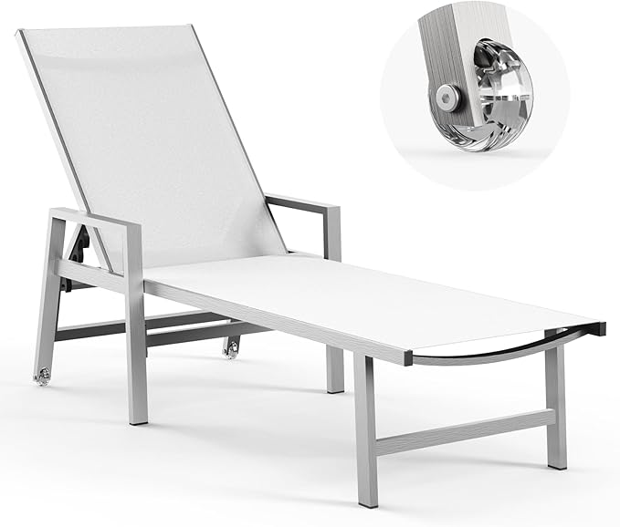 Vexwalx Patio Chaise Lounge Outdoor with Wheels&Armrests, Aluminum Pool Lounge Chairs 5-Position Adjustable Recliner, Sun Beach Lounge Chairs for Poolside, Patio, Deck, Yard, White