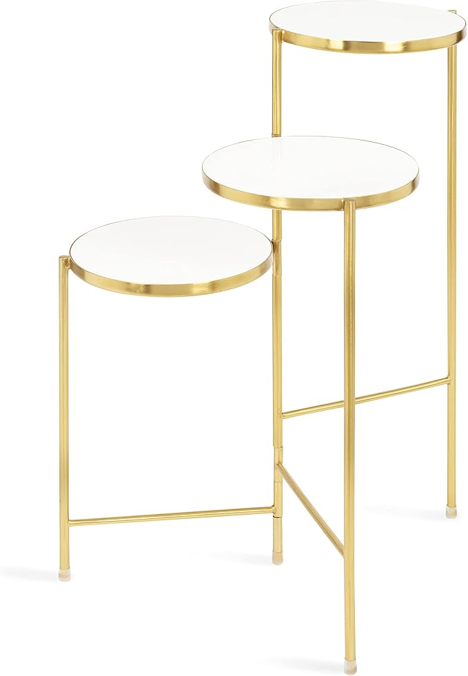 Kate and Laurel Fields Modern Tri Level Plant Stand; White and Gold; 10 x 10 x 30; Decorative Wood and Metal Multi Tiered Planter