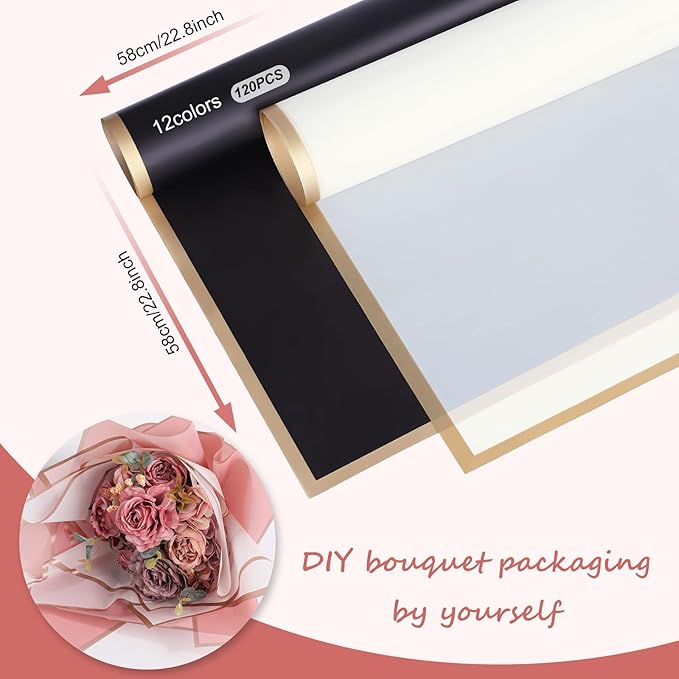 Whaline 120 Pcs Floral Wrapping Paper Folded Flat 12 Colors Gold Edge Waterproof Flowers Florist Bouquet Packaging Paper Colorful Wrapping Supplies for Wedding Birthday Mother's Day Shop DIY Craft