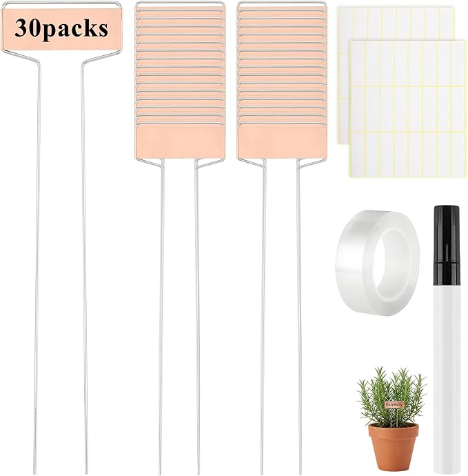 Greaner 30PCS Copper Plant Tags, 2.6" x 10" Metal Plant Markers with Rainproof PET Film & Permanent Pen, Reusable Garden Signs for Vegetables、Fruits、Seeds