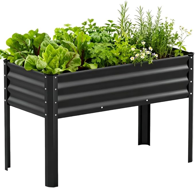 COMHOMA Raised Garden Bed with Legs 4x2x2.5ft,Large Elevated Galvanized Metal Planter Box with Drainage Holes,Outdoor Growing Kit with Gloves Tools for Backyard Patio Lawn,Black
