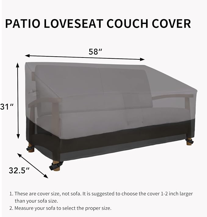 Easy-Going Waterproof Outdoor Loveseat Cover - Heavy Duty 2-Seater Patio Couch Cover, Windproof with Air Vent (58Wx32.5Dx31H inch, Gray/Black)