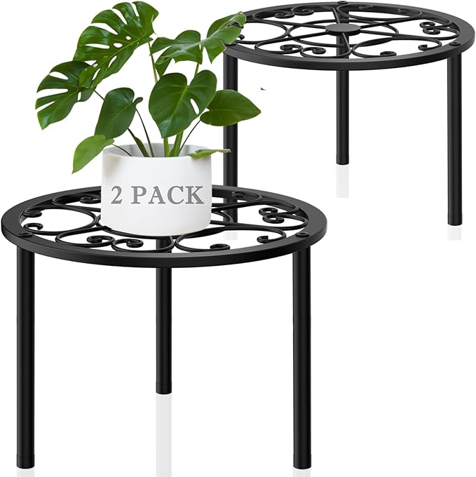 TOSKING 2-Pack Heavy Duty Metal Plant Stand Holds 120 lbs - 10.2" Classic Scroll Pattern Round Stand for Medium to Large Pots, Adjustable Feet & Rustproof Finish, Indoor/Outdoor, Black (10.2"D x 7.9"H)