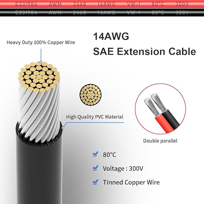ELFCULB 14AWG 35FT SAE Extension Cable 3/6/10/20/35/50FT Quick Disconnect Wire Harness with SAE Connector for Automotive RV Battery Solar Panel