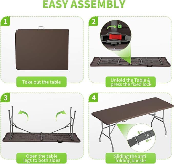 BestOffice 6 FT Picnic Table, Portable Plastic Folding Table with Carrying Handle Perfect for Picnics, Parties, Party and Camping, Brown