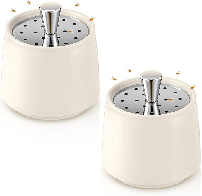 Ceramic Fruit Fly Trap for Indoors, Reusable Kitchen Fly Catcher with Stainless Steel Vent Lid, Uses Safe & Natural Vinegar Bait Trap, Dishwasher Safe, Easy to Use(White,2 Pack)