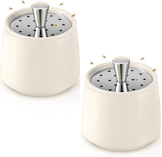 Ceramic Fruit Fly Trap for Indoors, Reusable Kitchen Fly Catcher with Stainless Steel Vent Lid, Uses Safe & Natural Vinegar Bait Trap, Dishwasher Safe, Easy to Use(White,2 Pack)