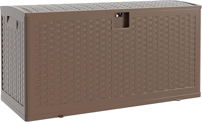Outdoor Deck Box, 99 Gallon Resin Storage Container, Lockable, UV Resistant and Waterproof Storage Box for Patio Furniture Cushions, Garden Tools, Pool Sports Equipment (Brown)