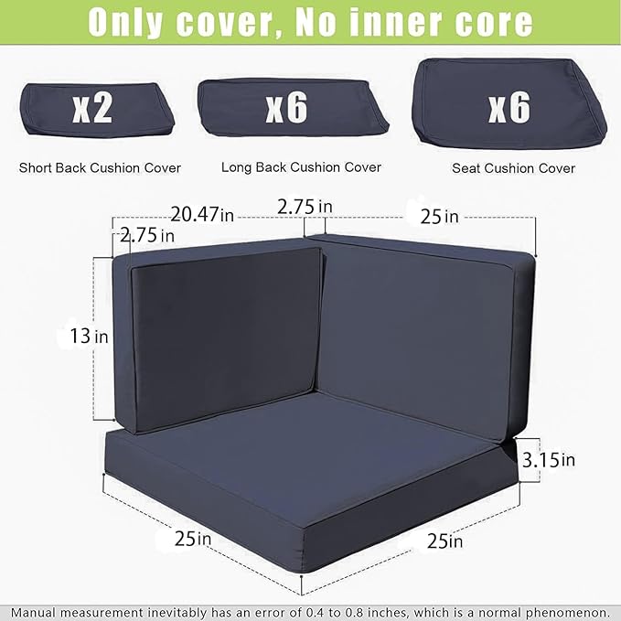 14Pieces Patio Cushion Covers Replacement Outdoor Couch Cushions Covers Splashproof Sofa Slipcovers Set with Zippers,Patio Furniture Protector Cover Only(Black Gray,25×25×3.15 inches)