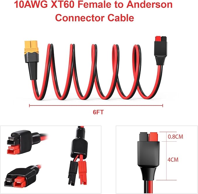 ELFCULB XT60 to Anderson Adapter, 10AWG XT60 Female to Anderson Connector Cable for Portable Power Station UAV RC Battery (6FT)