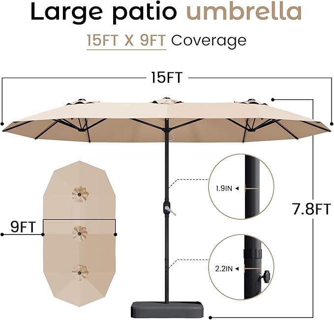 DomeShade 15ft Patio Umbrella with Base,Large Outdoor Double-Sided Rectangle Umbrella with Crank Handle, Market Umbrella for Poolside Garden Deck Backyard Beach Pools, Beige