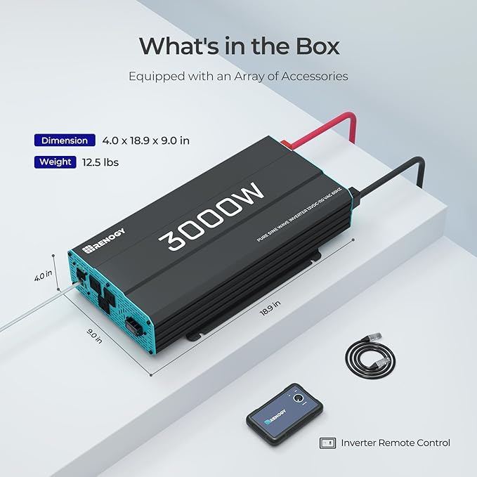 Renogy Inverter P2 3000 watt Pure Sine Wave Inverter, Solar Car Power Inverter 12V to 120V AC Converter for RV, Truck, Camping, Home Backup, Outdoor, Emergency, Off-Grid Living, 16.4FT Remote Control