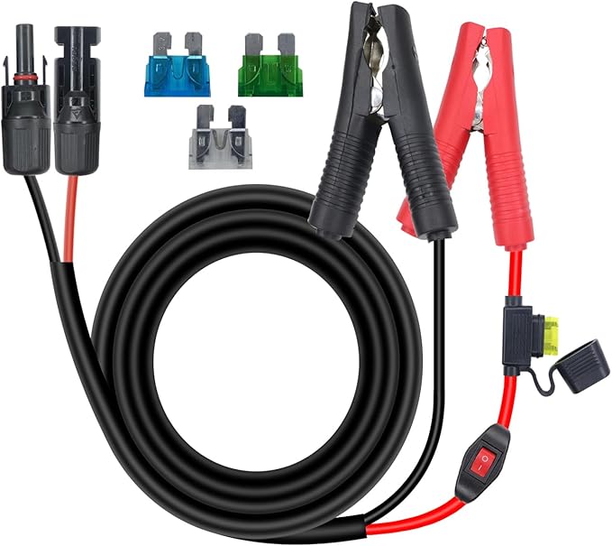 RIIEYOCA 14AWG Battery Alligator Crocodile Clip to Solar Connector Extension Cable,Solar Adapter to Alligator Clips Charging Cable with Switch and Fuse(1.5M)