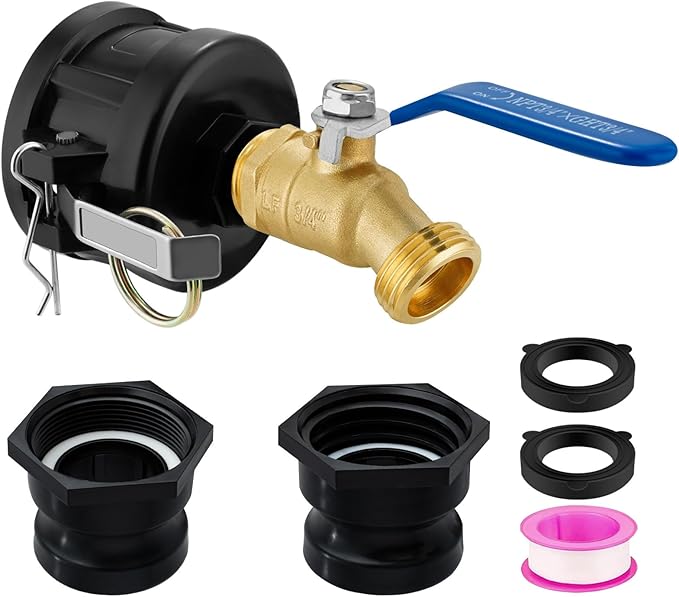 IBC Tote Adapter, 2" Cam Lock for 275-330 Gallon IBC Tote Tank with 2packs Groove Fittings, IBC Tote to Garden Hose Adapter with Brass Hose Faucet (3/4" Male NPT Inlet ×3/4" Male GHT Threaded)