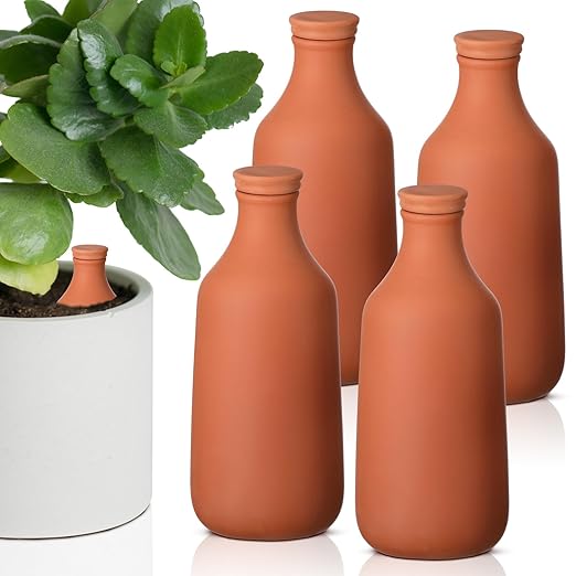 DoubleFill 4 Pcs 24oz Ollas Terracotta Watering Pots Self Watering Planter Insert Terracotta Globes Clay for Outdoor Indoor Garden Plants, Easy to Refill