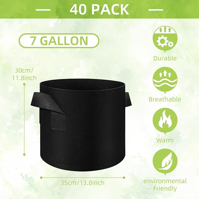 40-Pack 7 Gallons Grow Bag, Non-Woven Fabric Pots Plant Bag, Plant Grow Bags with Handles, Garden Planting Bags for Potatoes, Carrots, Tomatoes and Other Vegetable,Fruits