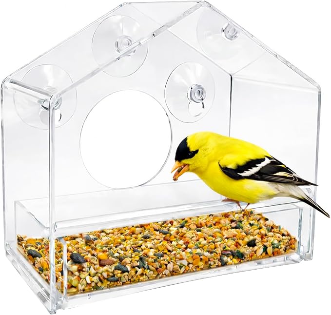 Nature Gear Window Bird Feeder with Strong Suction Cups, Clear Acrylic Window Mounted Bird Feeder, Removable Sliding Tray, Weather-Resistant, Durable, Squirrel-Resistant, House Style