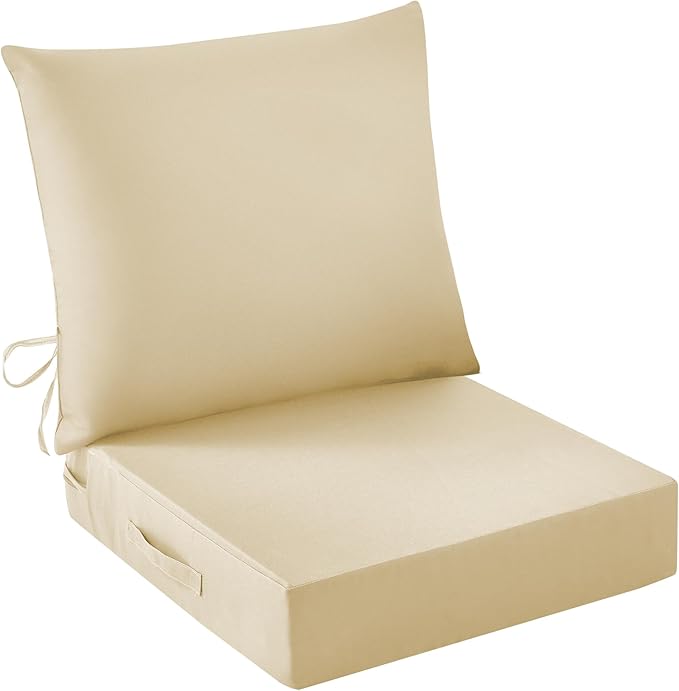 IASEAHK Outdoor Seat Cushion Set, Waterproof & Fade Resistant Patio Chair Cushions, Outdoors Cushion for Patio Furniture, 24 x 24 x 4 Inch, Outdoor Couch Cushions with Handle and Ties, Light Khaki