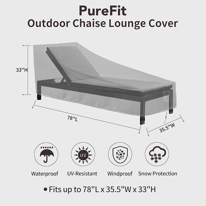 PureFit Outdoor Chaise Lounge Cover, Lounge Chair Covers Waterproof Patio Furniture Lounge Chair Cover, UV Resistant & Weatherproof, 1 Pack, 78"L x 35.5"W x 33"H Inches, Gray