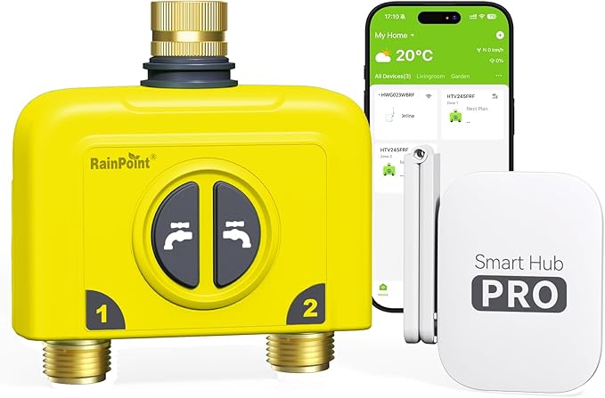 RAINPOINT WiFi Water Timer for Garden Hose, 2 Zone WiFi Sprinkler Controller, Smart Hose Timer Valve, Automatic Drip Irrigation System/Rain Delay for Garden/Lawn (Yellow)